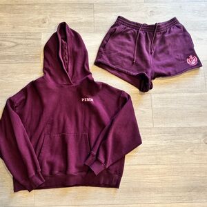 PINK Victoria's Secret campus pullover Burgundy Hoodie AND Shorts 2PC Set